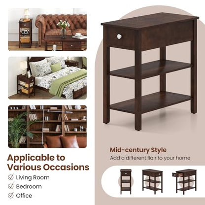 Giantex Narrow End Table Set of 2, Farmhouse Side Tables with Drawer & Storage Shelves, Wood Sofa Side Tables, 3-Tier Nightstands for Small Space, Living Room, Bedroom, 23.5"L x 12"W x 24.5"H, Walnut - color: Walnut