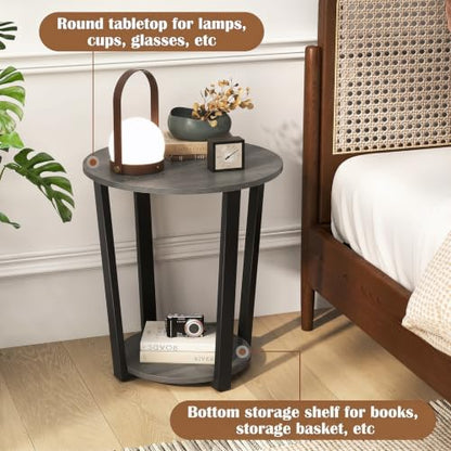 Giantex Round End Table, 2-Tier Side Sofa Table with Open Storage Shelf and Metal Frame, Industrial Nightstand Bedside Table for Living Room, Bedroom, Small Space, Accent Furniture (2, Oak) - color: Oak