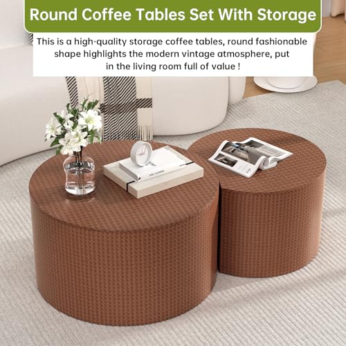 Round Nesting Coffee Table Set of 2 Modern Round Walnut Coffee Table Small Circular End Table Side Table Coffee Tables Circle Nested Coffee Tables for Living Room (Brown A Large) - color: Brown a Large