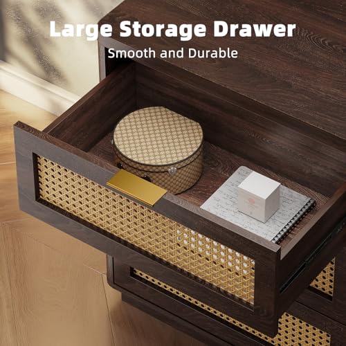 Kalrin Rattan Nightstand, Bedside Table - Larger Night Stand with Charging Station, 3 Drawers Storage, Boho Night Stands End Table for Bedroom Office - Deep Brown - color: Deep Brown