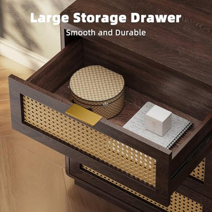 Kalrin Rattan Nightstand, Bedside Table - Larger Night Stand with Charging Station, 3 Drawers Storage, Boho Night Stands End Table for Bedroom Office - Deep Brown - color: Deep Brown