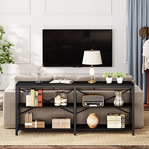 Tribesigns 70.9 Inch Extra Long Console Table, Modern Sofa Table Behind Couch Table with Storage Shelves, 3-Tier Industrial Hallway Entryway Table for Living Room, 3 Shelf Bookshelf(Black) - color: Black
