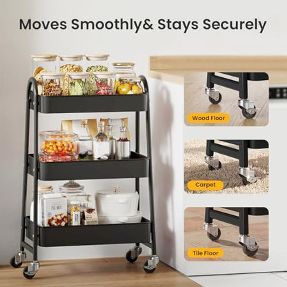 DUMOS 3 Tiers Metal Rolling Utility Cart with Lockable Wheels, Mobile Storage Organizer, Utility Shelving Unit for Kitchen, Office, Bathroom, Laundry, Narrow Places, Black - color: 3 Tiers Black