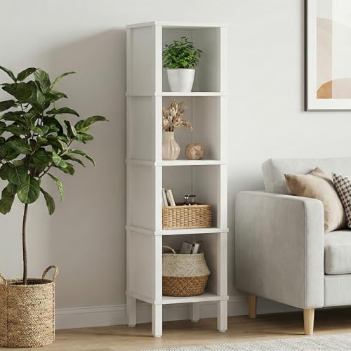 4-Tier Narrow Bookshelf for Small Spaces, Modern 4 Cube Bookcase, 14.2 x 11.2 x 52 Inches, Skinny Storage Shelving Unit, Open Display Rack for Bedroom, Living Room, Home Office,Corner (White)