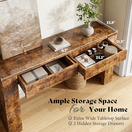 AMERLIFE 63-Inch Modern Burl Wood Console Table with High Gloss Finish, Long Sofa Table with 2 Storage Drawers for Entryway, Hallway, Foyer or Living Room, Brown - color: Walnut