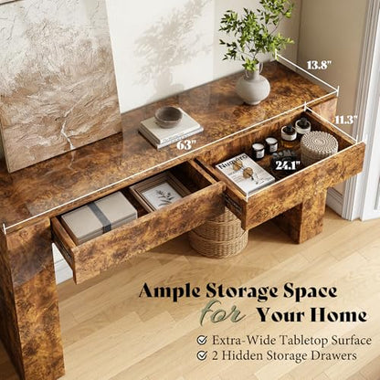 AMERLIFE 63-Inch Modern Burl Wood Console Table with High Gloss Finish, Long Sofa Table with 2 Storage Drawers for Entryway, Hallway, Foyer or Living Room, Brown - color: Walnut