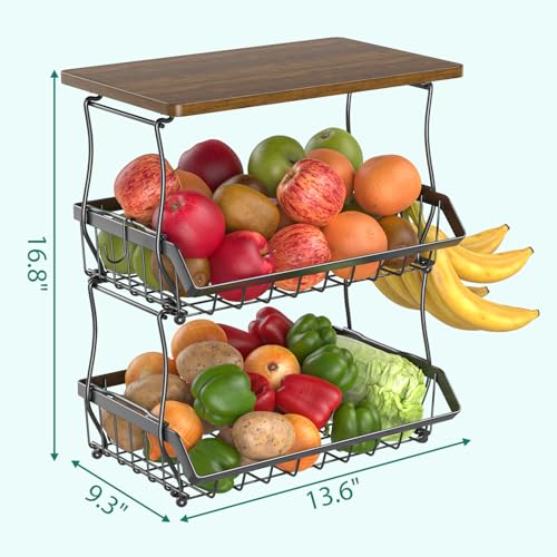 XYZLVSI 3 Tier Countertop Fruit Basket Bread Bowl with Wooden Top for Kitchen, Stackable Vegetable Potato Onion Storage Wire Basket with Banana Hangers, Black