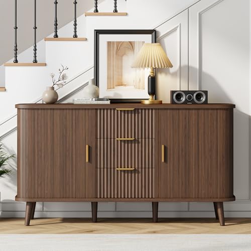 Lulive Walnut Buffet Cabinet, 55" Wide Sideboard Buffet Storage Cabinet with Rolling & Sliding Doors, Modern Bar Cabinet for Kitchen & Dining Room - color: Walnut, size: 55"