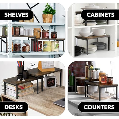 Simple Houseware Expandable Stackable Cabinet and Counter Shelf Organizer with Wooden Surface, 7.6'' D x 11.75'' W x 6.1'' H, Rustic Brown - color: Rustic Brown