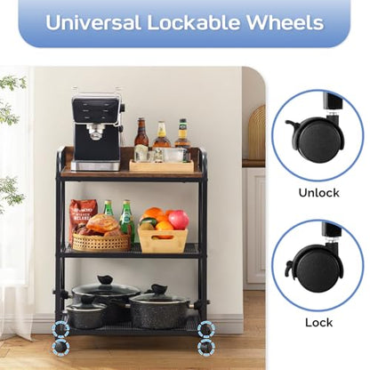 KATHY&BOB Rolling Kitchen Microwave Cart, 3 Tier Microwave Table Stand with Storage, Kitchen Utility Carts on Lockable Wheels, Small Coffee Cart Shelf Rack Organizer for Living Room Office Balcony
