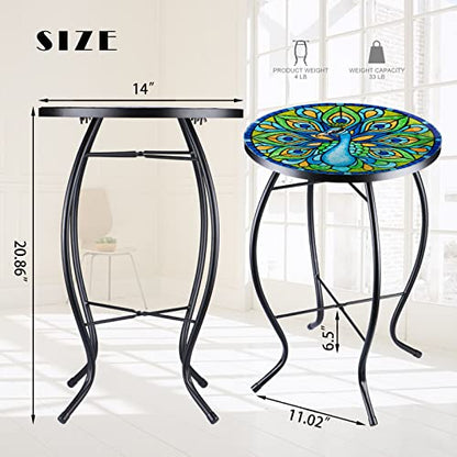 VCUTEKA Patio Side Table Outdoor Accent Table Bistro Coffee Table Plant End Table Small Porch Table Indoor Round Glass Balcony Plant Table Stands Peacock - color: Peacock