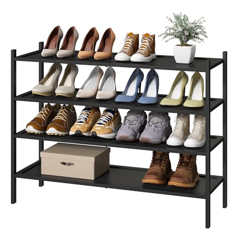 kiplant Black Shoe Rack, 4-Tier Bamboo Wood Shoe Rack, Stackable Bamboo Wood Shoe Shelf for Closet, Entryway & Hallway - color: Black, size: 4-Tier_Long