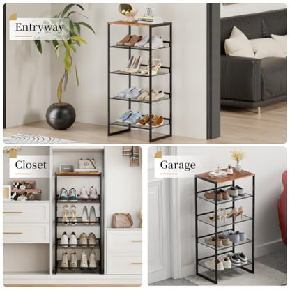 5 Tier Metal Shoe Rack, Sturdy Steel Frame with Rust-Proof Coating, MDF Top, Adjustable Flat Inclined Mesh Shelves, Anti-Tip Scratch-Resistant Feet, Sleek Show Rack for Entryway, Hallway, Garage - size: 5 Tier (16.5″x11.8″x36″)