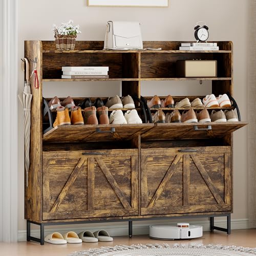 Wodeer Shoe Cabinet Storage for Entryway, Shoe Storage Cabinet with 4 Flip Drawers, Freestanding Narrow Shoe Rack Organizer with Metal Legs, Adjustable Shelves & Open Storage for Foyer, Hallway, Brown - color: Brown, style: 4 Drawers