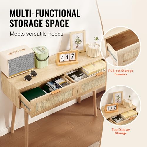 VEVOR Rattan Console Table with 2 Storage Drawers, Rattan Entryway Table with Natural Rattan Sliding Door, Console Sofa Table for Living Room, Study, Entryway Or TV Wall, Natural - size: 2 Drawers