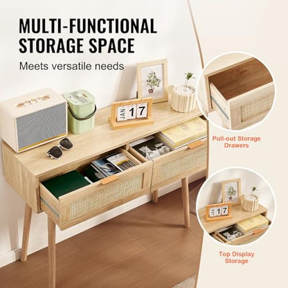 VEVOR Rattan Console Table with 2 Storage Drawers, Rattan Entryway Table with Natural Rattan Sliding Door, Console Sofa Table for Living Room, Study, Entryway Or TV Wall, Natural - size: 2 Drawers