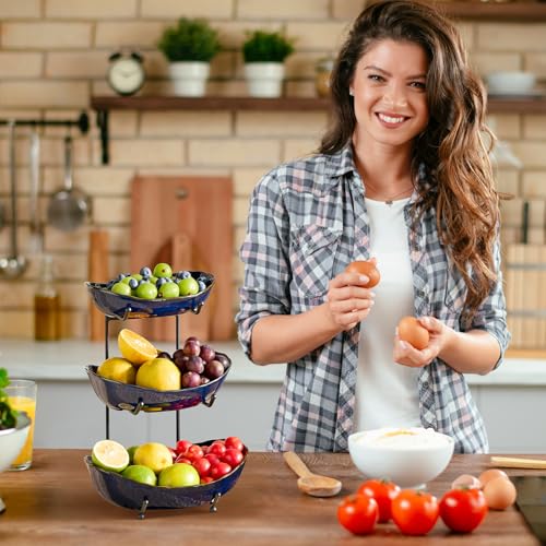 DUJUST 3 Tier Fruit Bowl, Kiln Altered Glaze Ceramic Fruit Stand, Stackable & Easy to Store, Multifunctional Serving Tray for Fruit/Vegetables/Snacks, Microwave & Dishwasher Safe - Dark Blue - color: 3-Tier Dark Blue