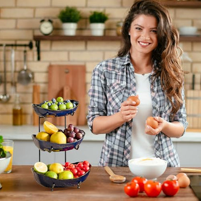 DUJUST 3 Tier Fruit Bowl, Kiln Altered Glaze Ceramic Fruit Stand, Stackable & Easy to Store, Multifunctional Serving Tray for Fruit/Vegetables/Snacks, Microwave & Dishwasher Safe - Dark Blue - color: 3-Tier Dark Blue