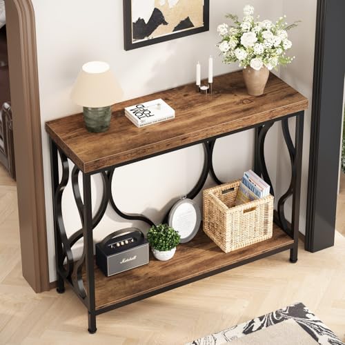 IBF 39.4" Narrow Console Table, Farmhouse Entryway Table in Living Room Hallway Foyer Entrance, Industrial Wood Metal Sofa Table Entry way Behind Couch Tables with 2-Tier Storage Shelves, Rustic Brown - color: Rustic Brown Oak, size: 39 Inch
