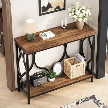 IBF 39.4" Narrow Console Table, Farmhouse Entryway Table in Living Room Hallway Foyer Entrance, Industrial Wood Metal Sofa Table Entry way Behind Couch Tables with 2-Tier Storage Shelves, Rustic Brown - color: Rustic Brown Oak, size: 39 Inch