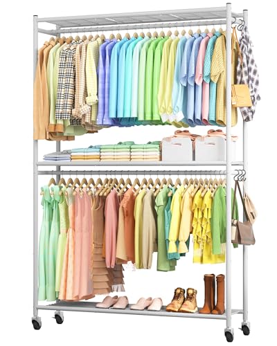 Sakugi Clothes Rack - 45.2" x 12.2" x 79.5" Clothing Rack with Shelves & Wheels, Multi-Functional Wardrobe Closet with Hooks, Sturdy Metal Garment Rack for Bedroom, Laundry, Balcony (White) - color: White, size: X-Large