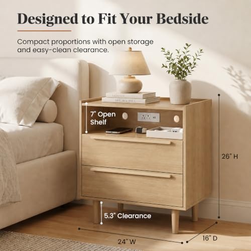 26 Inch Tall Natural Oak Nightstand with Charging Station, 2 Drawers | 24 inch wide, 16 inch deep design with raised-edge tray top, open shelf, hidden storage, and a lighter bedside feel - color: Natural Oak