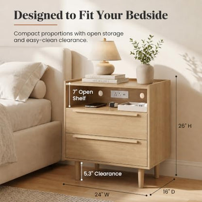 26 Inch Tall Natural Oak Nightstand with Charging Station, 2 Drawers | 24 inch wide, 16 inch deep design with raised-edge tray top, open shelf, hidden storage, and a lighter bedside feel - color: Natural Oak