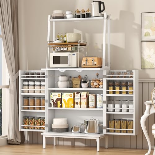 51" White Kitchen Pantry Cabinet, Kitchen Storage Cabinet, Small Coffee Bar Cabinet, Modern Kitchen Hutch with Microwave Stand, Adjustable Shelves, Food Pantry Cabinet for Dining Room - color: A-51'' White