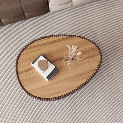 32.1" Oval Coffee Table with Marble Top Irregular Stone Coffee Table Fluted PU Leather Center Tables for Living Room Apartment No Assembly Brown - color: Marble-oval-32.1inch-brown-coffee