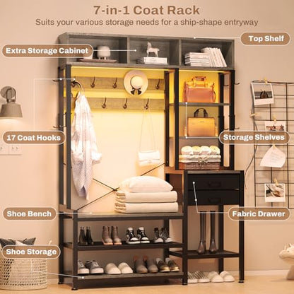 Itaar Hall Tree with Bench and Shoe Storage, 7-in-1 Entryway Bench with Coat Rack, 3 Storage Cubbies, 3 Open Shelves, 17 Coat Hooks, 2 Fabric Drawers (Oak Grey) - color: Oak Grey