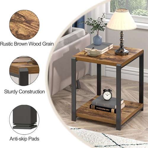 EXCEFUR End Table with Storage Shelf, Modern Side Table for Living Room, Wood and Metal Bedside Table Nightstand, Rustic Brown - color: Rustic Brown