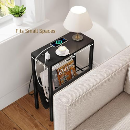 Narrow End Table with Charging Station, Narrow Nightstand with USB Ports & Outlet, Slim Sofa Side Table, Black End Table, Small Side Table for Small Spaces, Living Room, Bedroom, Black - color: Black