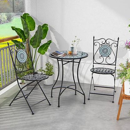 Giantex 24 Inch Patio Bistro Table, Mosaic Round Table w/Ceramic Tile Tabletop, Heavy-Duty Metal Structure, Outdoor Dining Table for Backyard, Garden, Porch (Blue & Black (Sun Pattern)) - color: Blue & Black (Sun Pattern)