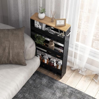 4-Tier Slim Rolling Storage Cart, Wooden Kitchen Utility Cart with Wheels & Handle, Space Saving Trolley, Slide Out Shelving Unit for Narrow Spaces, Laundry, Bathroom (Black + Natural) - color: Black + Natural