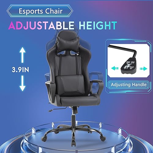 PayLessHere Ergonomic Racing Desk Chair Gaming Chair Computer Chair with Armrests 360° Swivel & Caster Pu Desk Task Chair Executive Headrest Lumbar Support for Back Pain Women Men and Adults (Black) - color: Black