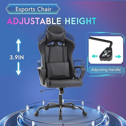 PayLessHere Ergonomic Racing Desk Chair Gaming Chair Computer Chair with Armrests 360° Swivel & Caster Pu Desk Task Chair Executive Headrest Lumbar Support for Back Pain Women Men and Adults (Black) - color: Black