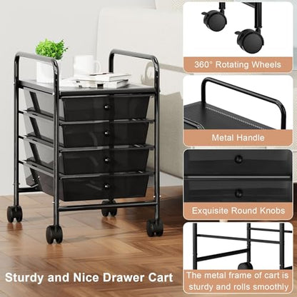 4-Tier Utility Cart with 4 Drawers, Rolling Utility Cart with 2 Lockable Caster Wheels, Multipurpose Mobile Rolling Drawer Cart for Office Bathroom Kitchen, Transparent Black - size: Black, 4-Tier