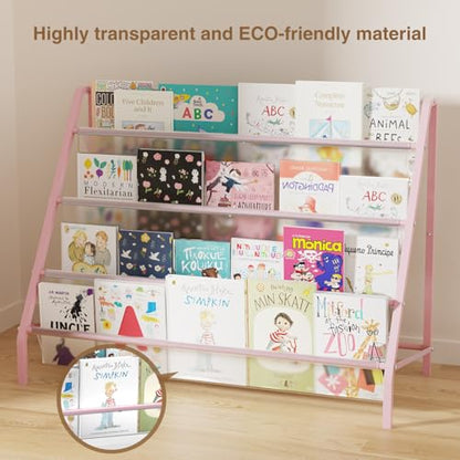Trieez High-Transparent 4 Tier Kids Bookshelf, Sturdy Metal Large Size Book Rack Storage for Kids - Toddler Book Shelf Display for Nursery, Kids Room, Deep Size Bookshelf Hold More Books, Pink