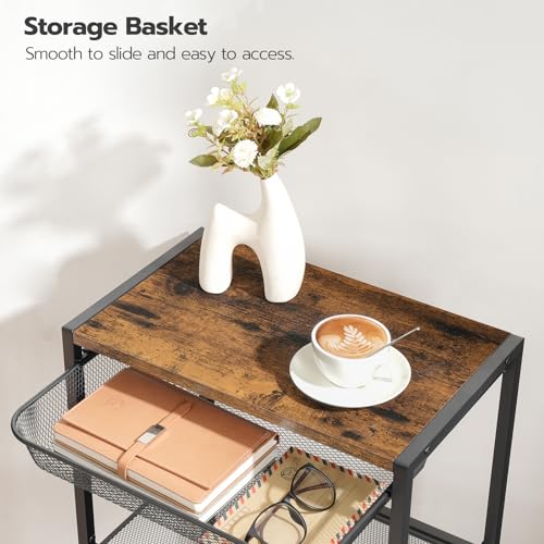 HOOBRO 28.7 Inch Tall Side Table, 3-Tier Industrial Telephone End Table with Adjustable Metal Mesh Basket, Desk Side Table with Storage Shelves, for Living Room, Bedroom, Rustic Brown BF06DH01 - color: Rustic Brown + Black