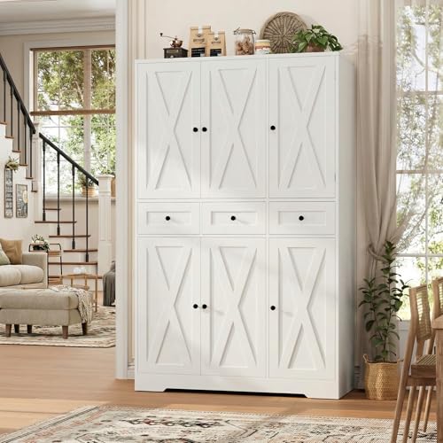 HOSTACK 67"H Farmhouse Kitchen Pantry Storage Cabinet with 3 Drawers, White | Large Food Pantry Cabinet with Swing-Out Door Rack & Adjustable Shelf for Kitchen, Dining room, Living room - color: White