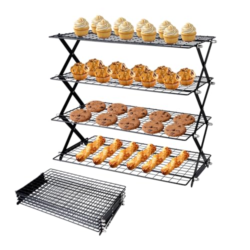 4 Tier Collapsible Cooling Rack, Adjustable Stackable Stainless Steel Baking Rack with Leak-Proof Mesh & X-Shaped Structure, Dishwasher Safe for Cookies, Bread, Pastries