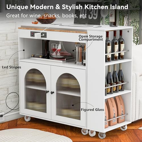 Rolling Kitchen Island with Extendable Swivel Table and Power Outlet, Kitchen Island on Wheels with Storage Cabinet, Fluted Glass Doors and Open Shelves for Small Spaces, White - color: White