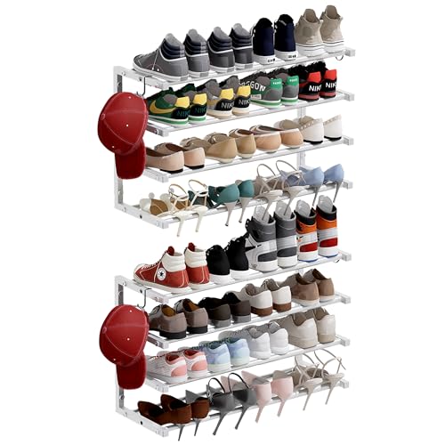 2 Pack Wall Mounted Shoe Rack, 4 Tier Hanging Shoe Rack Holds 32 Pairs, 17"-30" Adjustable Heavy Duty Wall Shoe Shelf with 4 Storage Hooks, Space Saving for Closet Entryway, White - color: White, size: 2 Pack