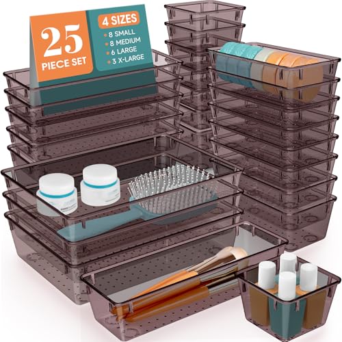 WOWBOX 25 PCS Plastic Drawer Organizer Set, 4 Sizes Desk Drawer Divider Organizers and Storage Bins for Makeup, Jewelry, Gadgets for Kitchen, Bedroom, Bathroom, Office, Clear Brown - color: Brown