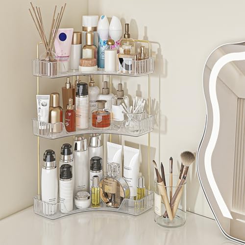 Webetop Corner Bathroom Counter Organizer 3 Tier Bathroom Countertop Organizers Shelf Makeup Organizer for Vanity Perfume Tray for Corner Storage Skincare, Cosmetic, Dresser, Kitchen Spice Rack - color: Clear, size: 3 Tier without brush holder