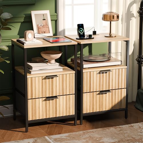 VINGLI Nightstands Set of 2 with Fabric Drawers, Fluted Nightstand with Charging Station, Oak Night Stand Set 2, Bed Side Tables with Drawers Fabric, End Tales Bedroom with Charger Station - color: Oak, size: 15"W-2 Drawer 1 Shelf