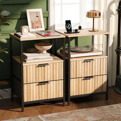 VINGLI Nightstands Set of 2 with Fabric Drawers, Fluted Nightstand with Charging Station, Oak Night Stand Set 2, Bed Side Tables with Drawers Fabric, End Tales Bedroom with Charger Station - color: Oak, size: 15"W-2 Drawer 1 Shelf