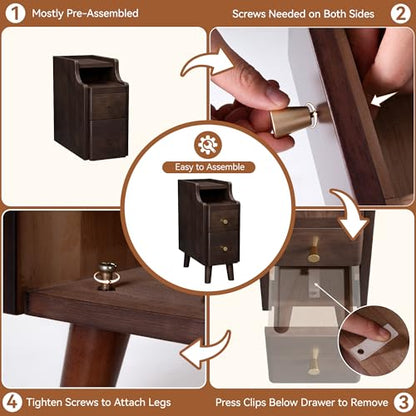 Nightstand, Pre-Assembled, 19.7“H Solid Wood Night Stand with 2 Drawers, Open Sliding Shelf, Mid Century Modern Small Bedside Table for Bedroom, Black Walnut 8" - color: Black Walnut, size: 8"