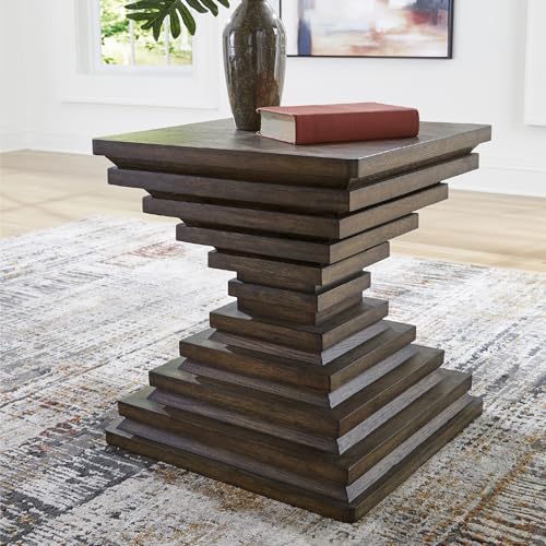 Signature Design by Ashley Hannodream End Table, No Assembly Required, Contemporary Pedestal Wood Accent Table for Living Room Sofa, Warm Brown, 22" W - color: Warm Brown