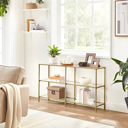 VASAGLE 51.2 Inch Console Table with 3 Shelves, Sofa Tables, Modern Entryway Table, Metal Frame, Tempered Glass Shelf, Entryway Living Room Bedroom, Metallic Gold and Transparent ULGT024A01 - color: Metallic Gold + Transparent, size: 51.2"W